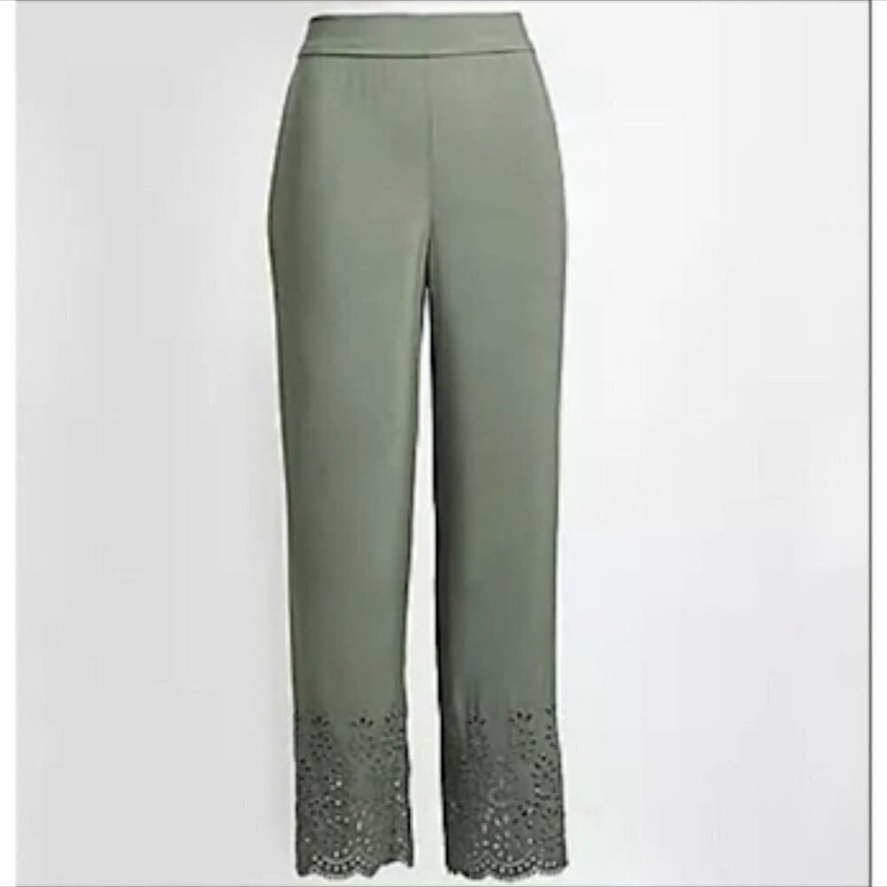 Ann Taylor LOFT Trouser Pant Olive Sage Green Straight Leg Lace Eyelet Hem Pull